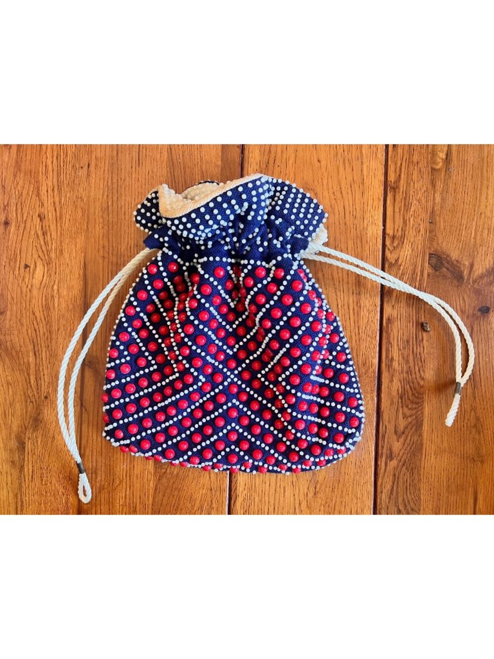 Vintage Beaded Navy Blue & White Drawstring Pouch With Red Accents - 8"x7.5" Han